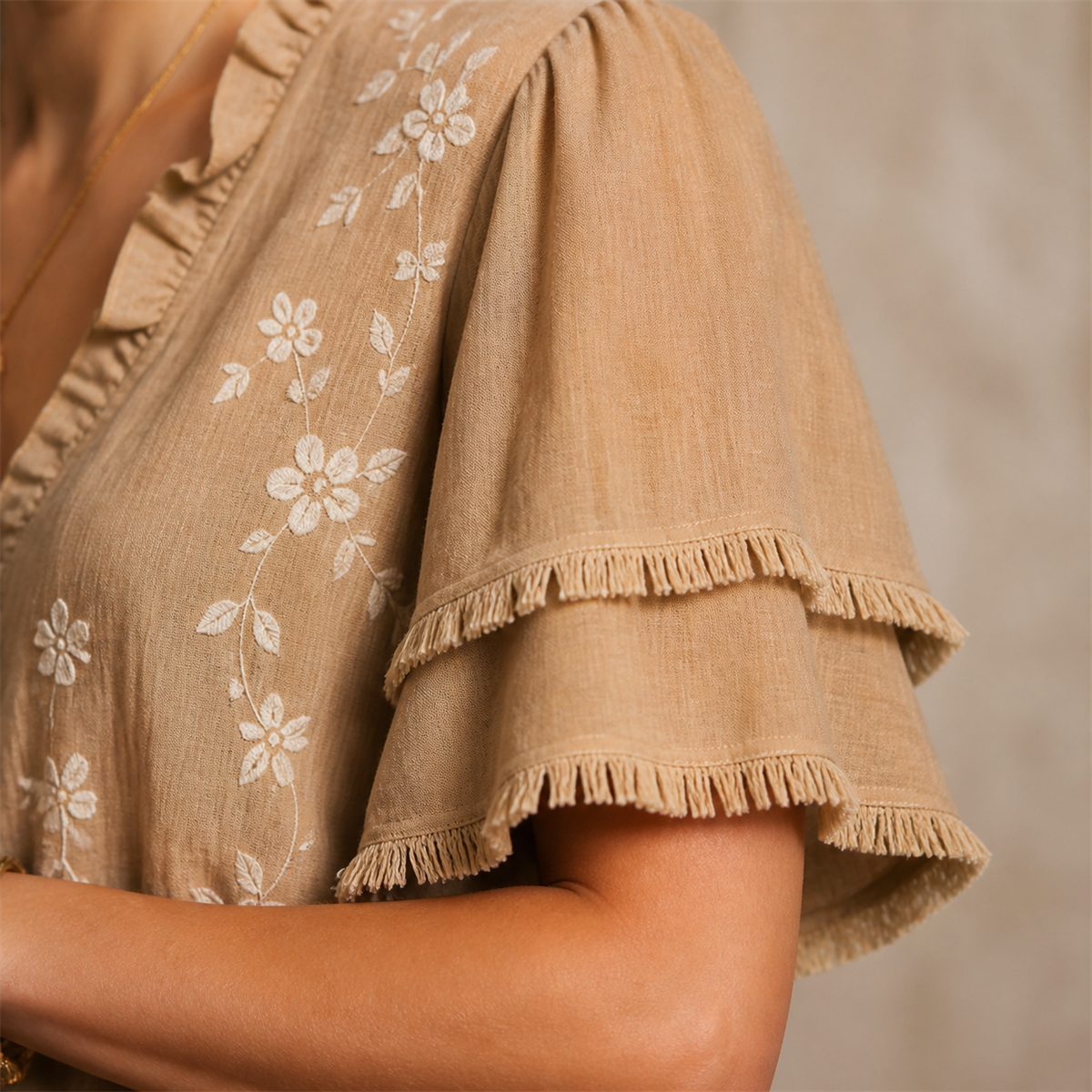 Women's Embroidered Ruffle-Neck Short-Sleeve Button-Front Blouse - Ruffle-trim split neckline