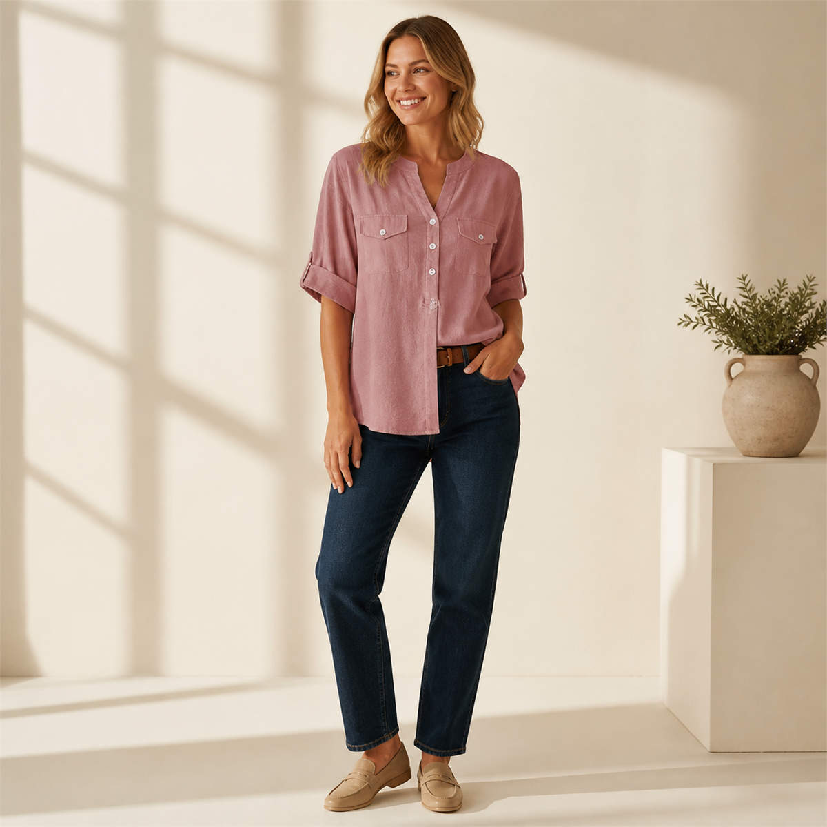 Women's Relaxed Notch-Neck Short-Sleeve Pocket Tunic Blouse - Styled with denim