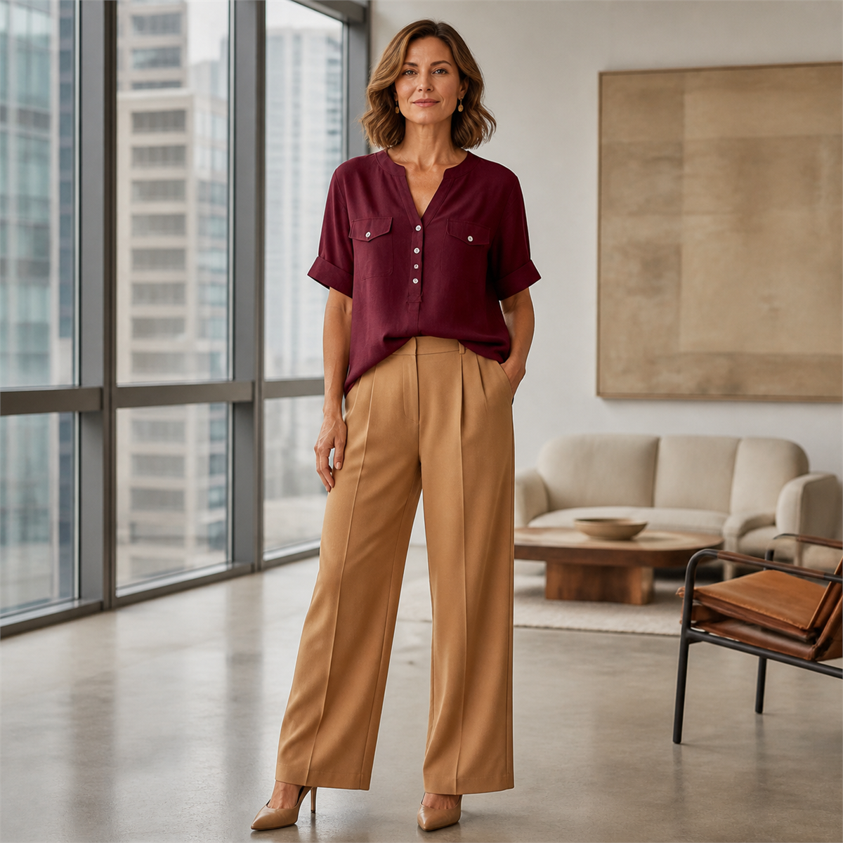 Women's Relaxed Notch-Neck Short-Sleeve Pocket Tunic Blouse - Styled with tailored separates