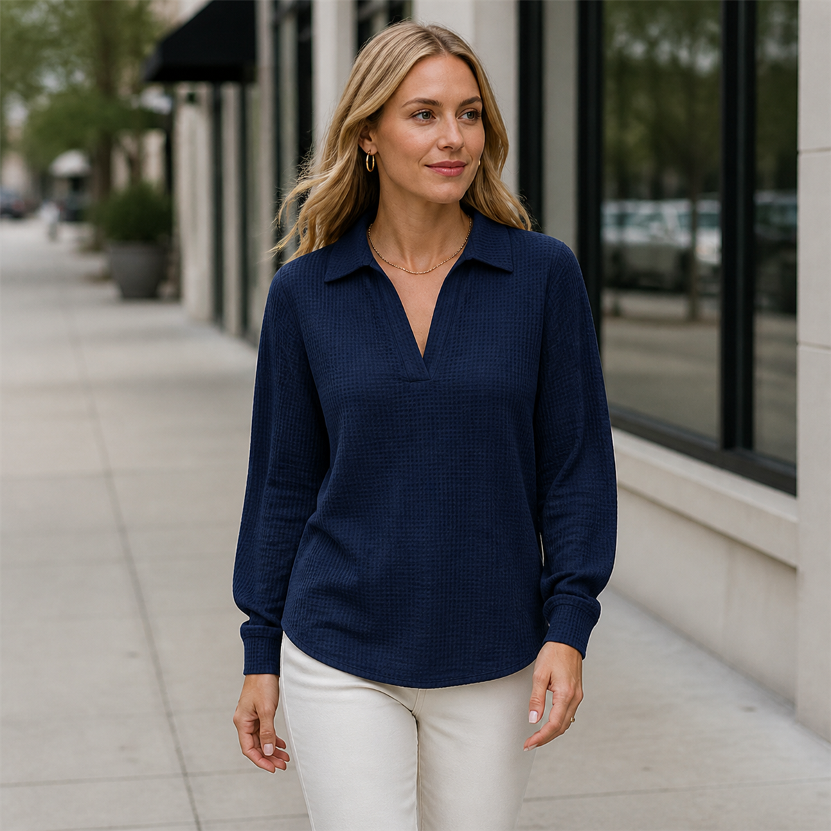 Women's Textured Open-Neck Long-Sleeve Collared Blouse - Worn during an easy weekend outing
