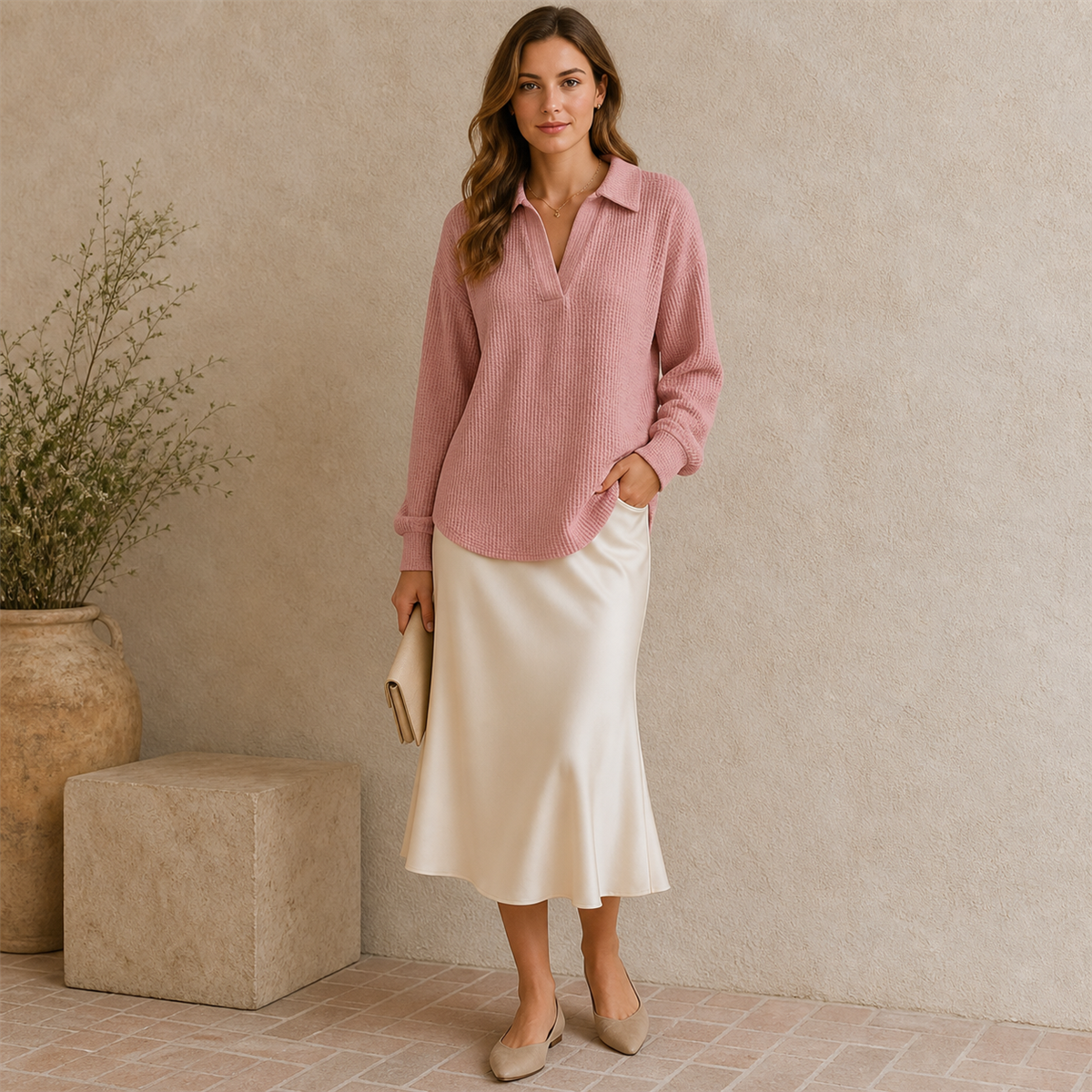 Women's Textured Open-Neck Long-Sleeve Collared Blouse - Styled for a relaxed weekend