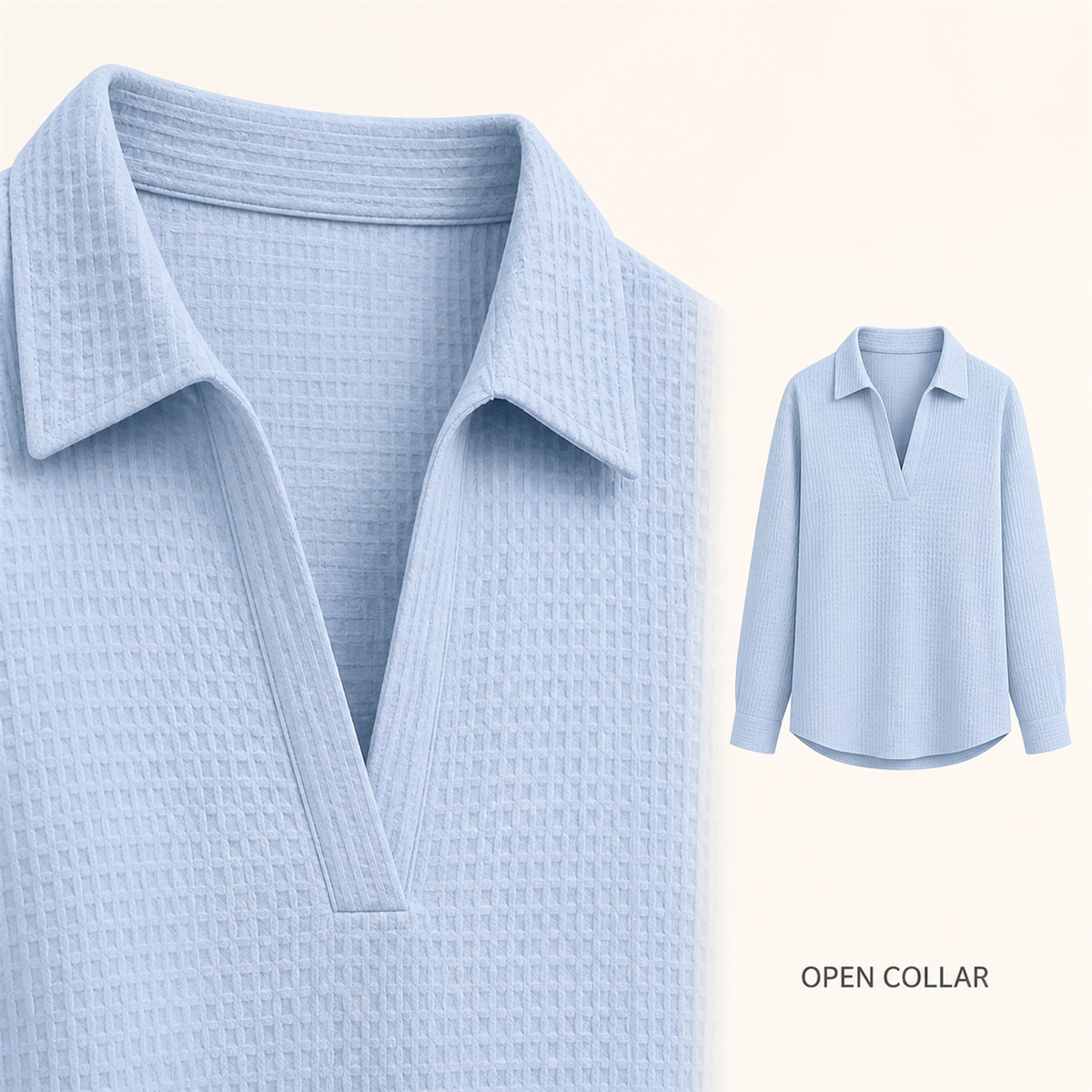 Women's Textured Open-Neck Long-Sleeve Collared Blouse - Open V collar