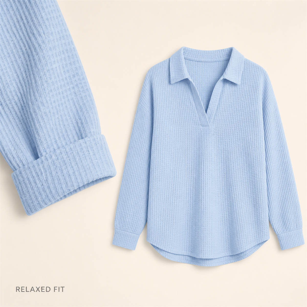 Women's Textured Open-Neck Long-Sleeve Collared Blouse - Detail of 
