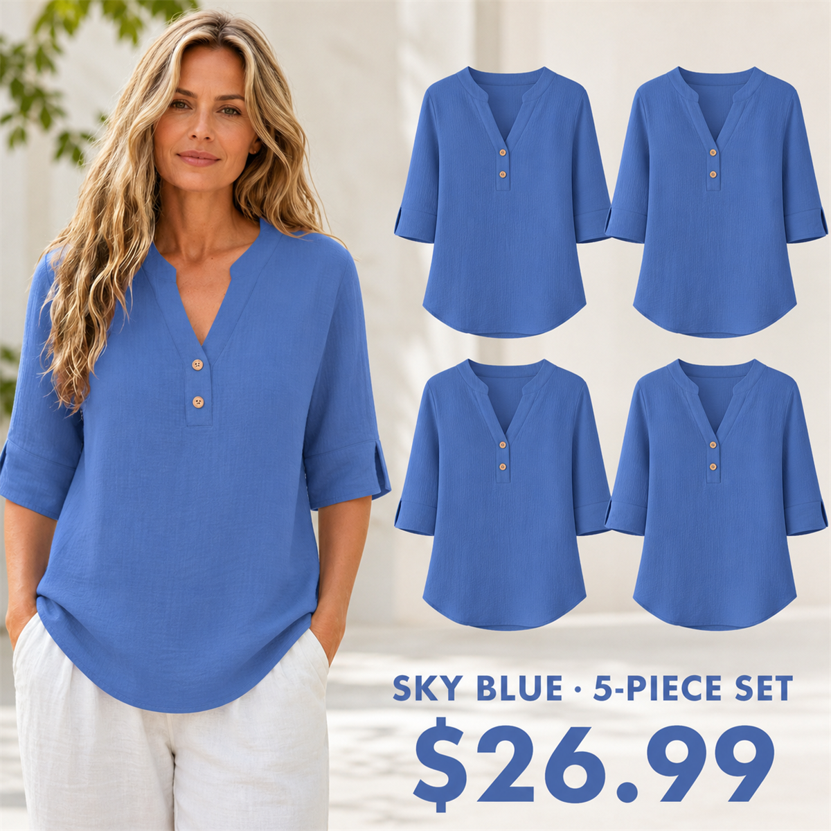 Women's Relaxed Split-Neck Three-Quarter-Sleeve Two-Button Blouse - Worn in a relaxed everyday setting