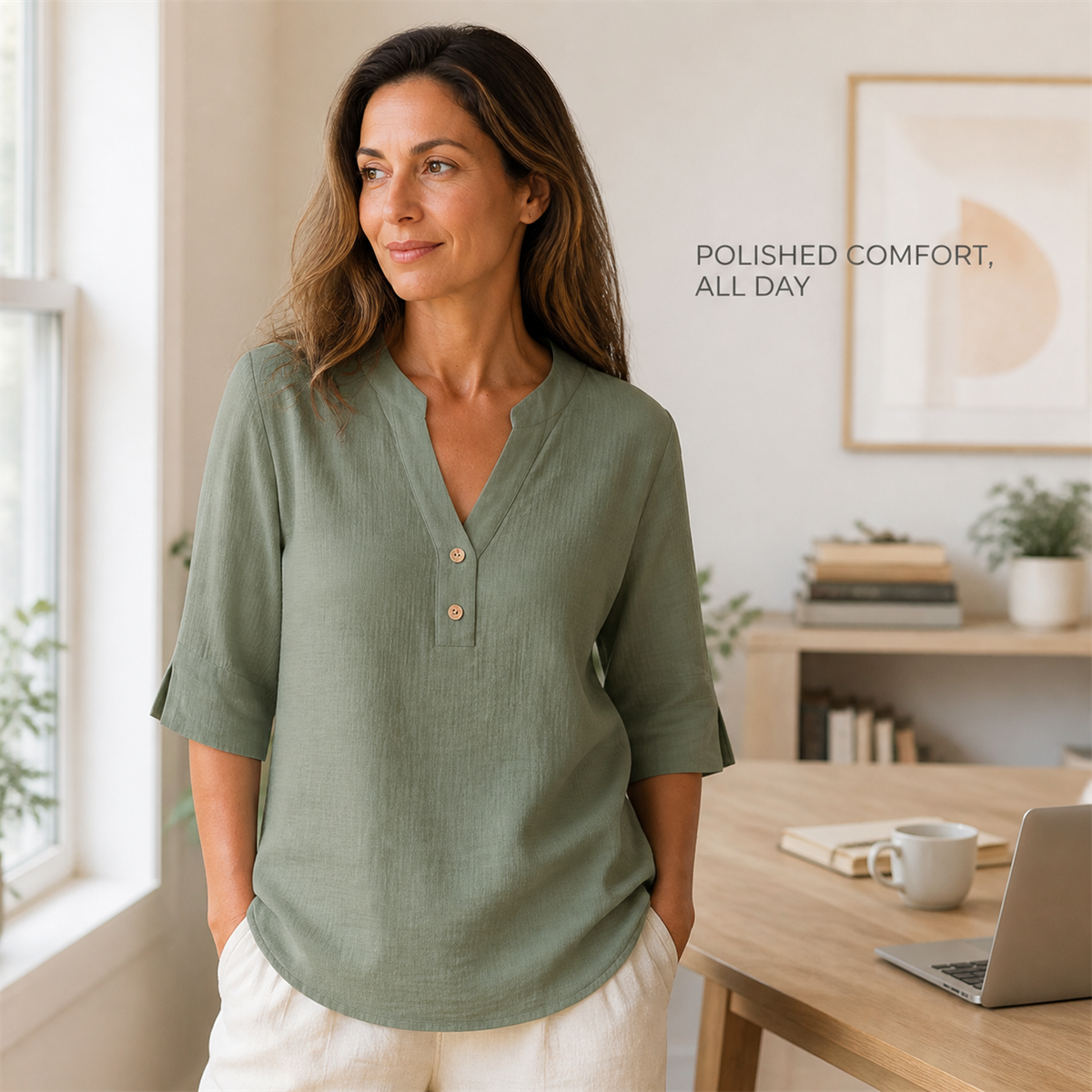 Women's Relaxed Split-Neck Three-Quarter-Sleeve Two-Button Blouse - Worn in a bright casual setting