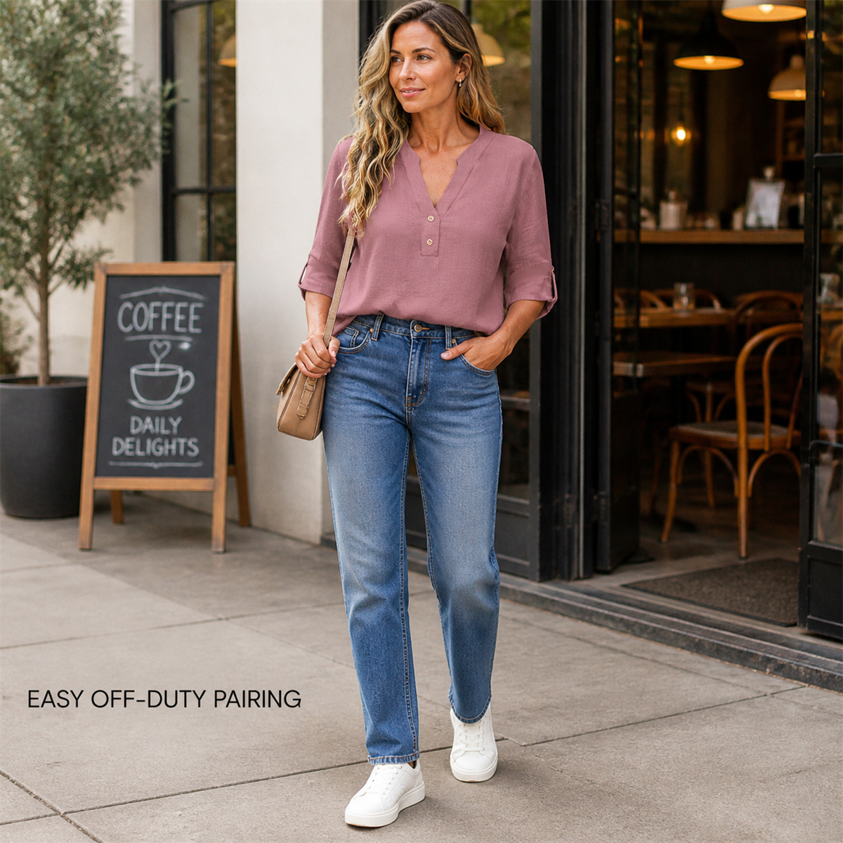 Women's Relaxed Split-Neck Three-Quarter-Sleeve Two-Button Blouse - Styled with tailored separates