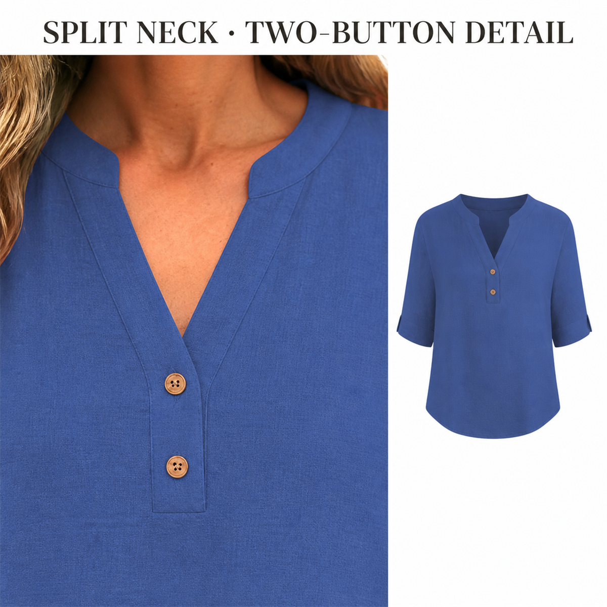 Women's Relaxed Split-Neck Three-Quarter-Sleeve Two-Button Blouse - Detail of 