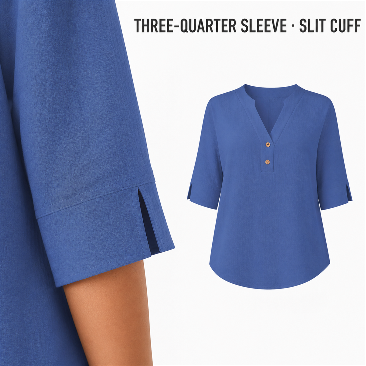 Women's Relaxed Split-Neck Three-Quarter-Sleeve Two-Button Blouse - Split V neckline
