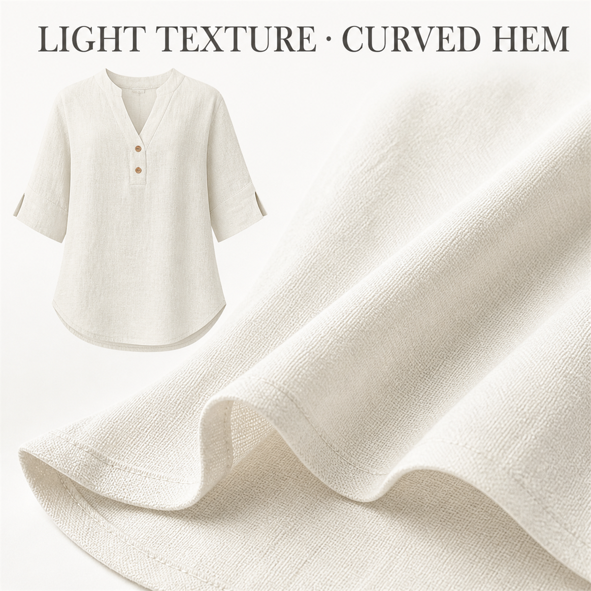 Women's Relaxed Split-Neck Three-Quarter-Sleeve Two-Button Blouse - Detail of 