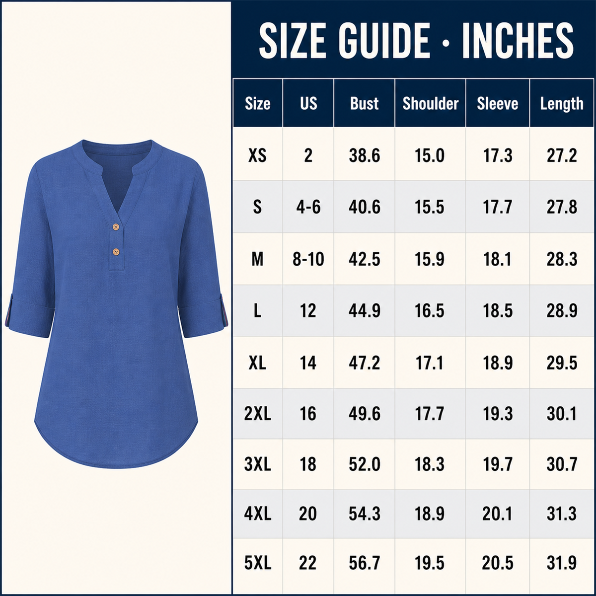 Women's Relaxed Split-Neck Three-Quarter-Sleeve Two-Button Blouse - Short two-button placket