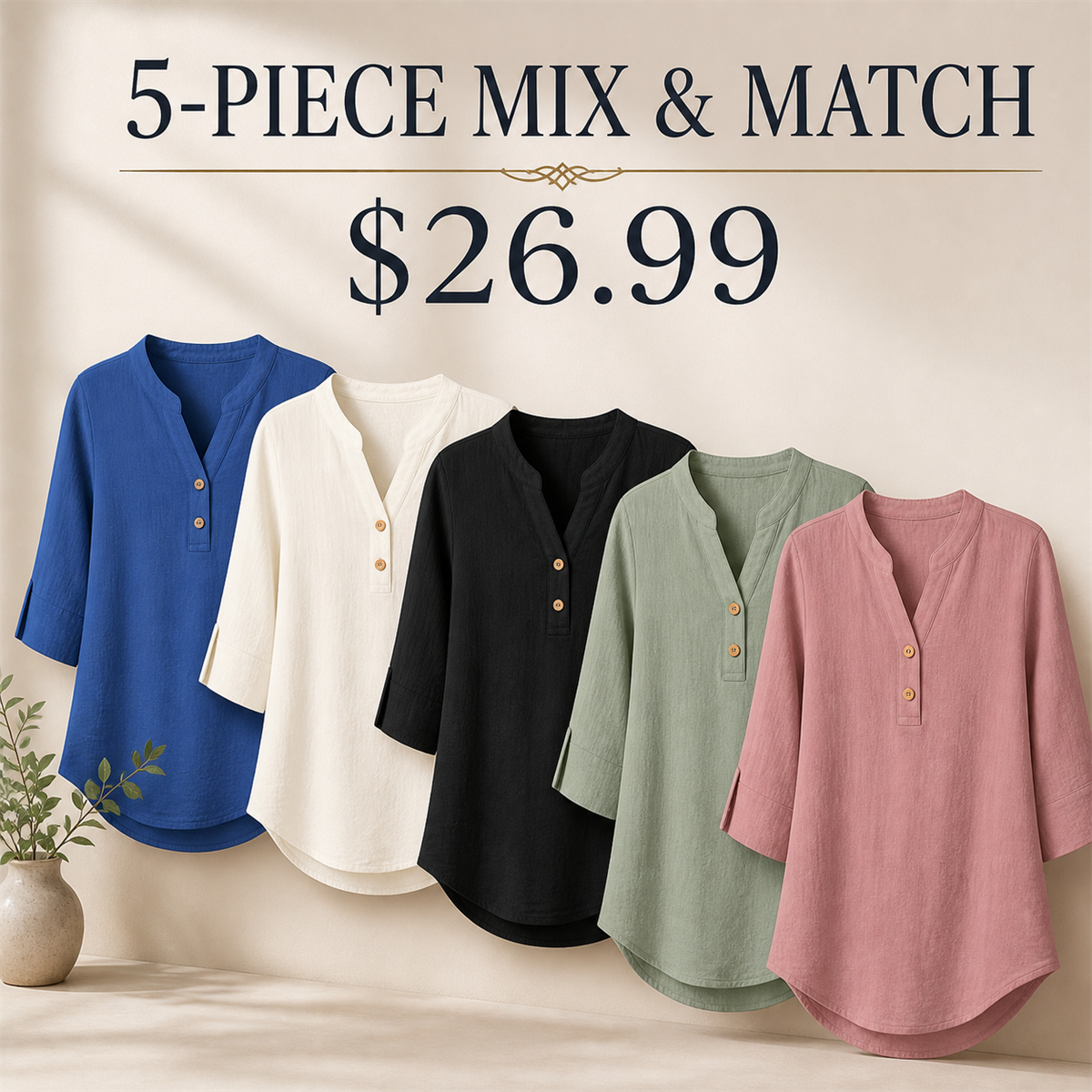 Women's Relaxed Split-Neck Three-Quarter-Sleeve Two-Button Blouse - 5 Piece - Classic Color Set - 26.99 $