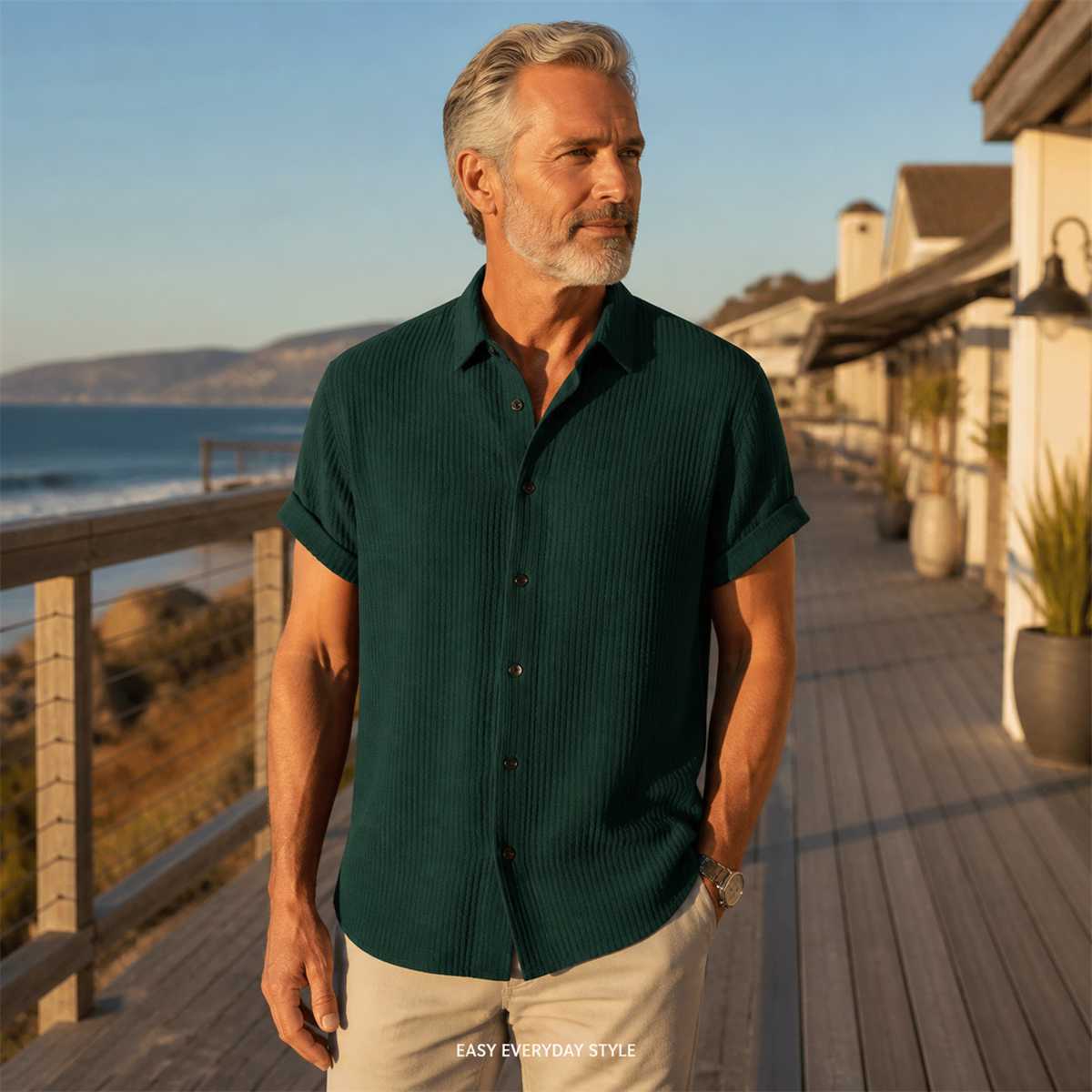 Men's Textured Short-Sleeve Button-Front Shirt - Worn in a relaxed everyday setting