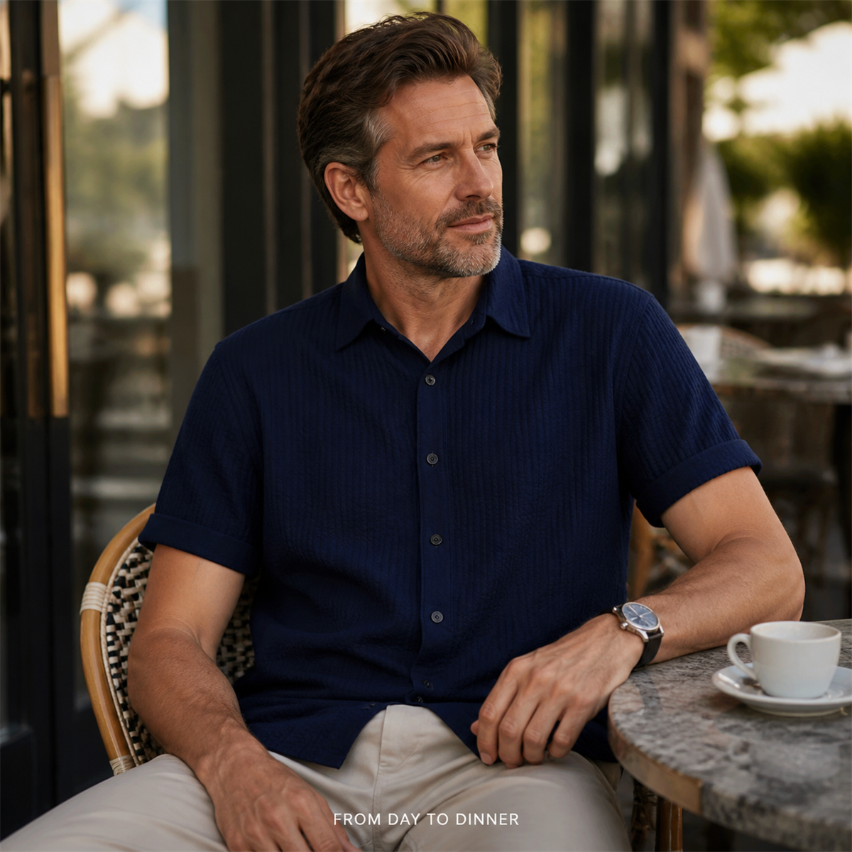 Men's Textured Short-Sleeve Button-Front Shirt - Worn during an easy weekend outing