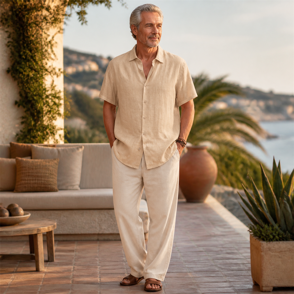 Men's Relaxed Linen-Look Short-Sleeve Button-Front Shirt - Worn in a bright casual setting
