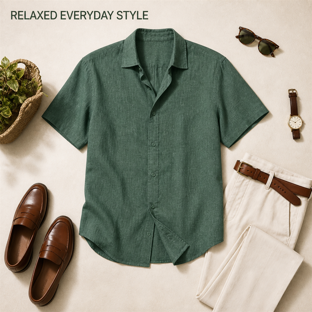 Men's Relaxed Linen-Look Short-Sleeve Button-Front Shirt - Styled with denim