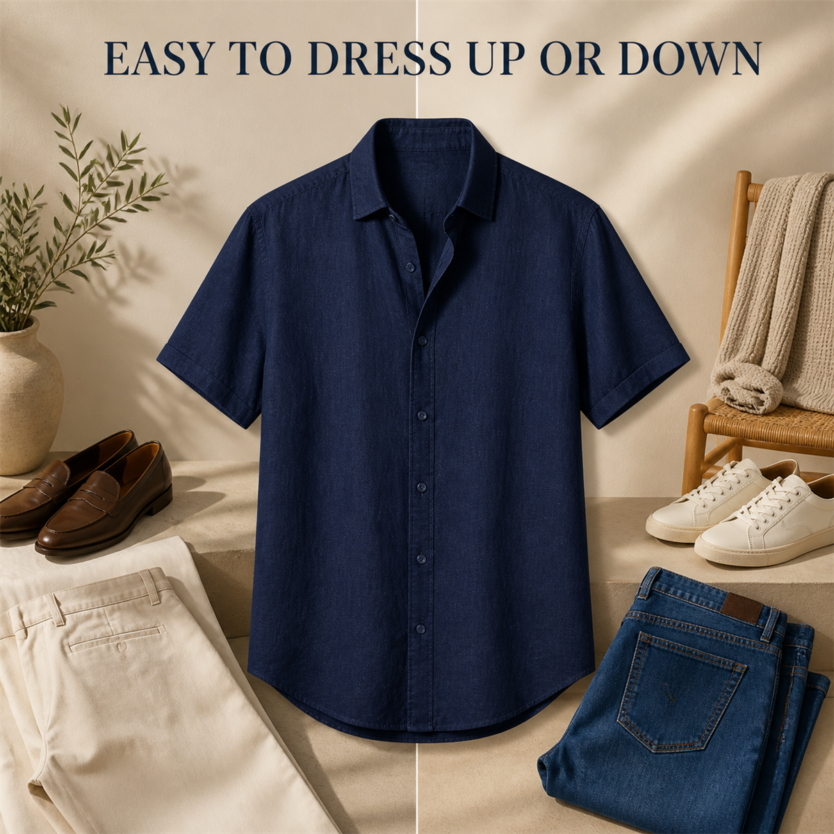 Men's Relaxed Linen-Look Short-Sleeve Button-Front Shirt - Styled with tailored separates