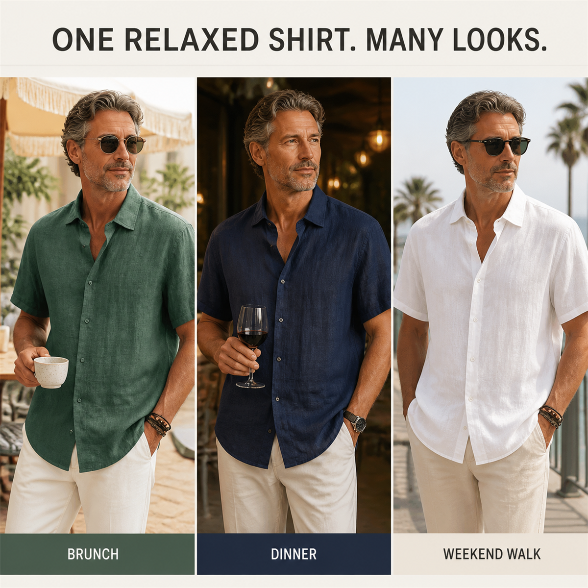 Men's Relaxed Linen-Look Short-Sleeve Button-Front Shirt - Styled for a relaxed weekend