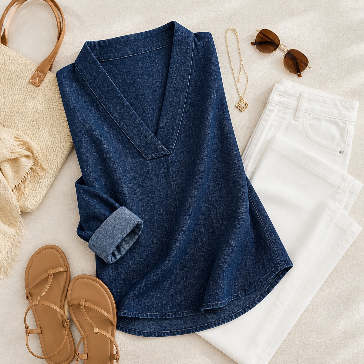 T2u0714002 outfit styling with white pants sandals and accessories
