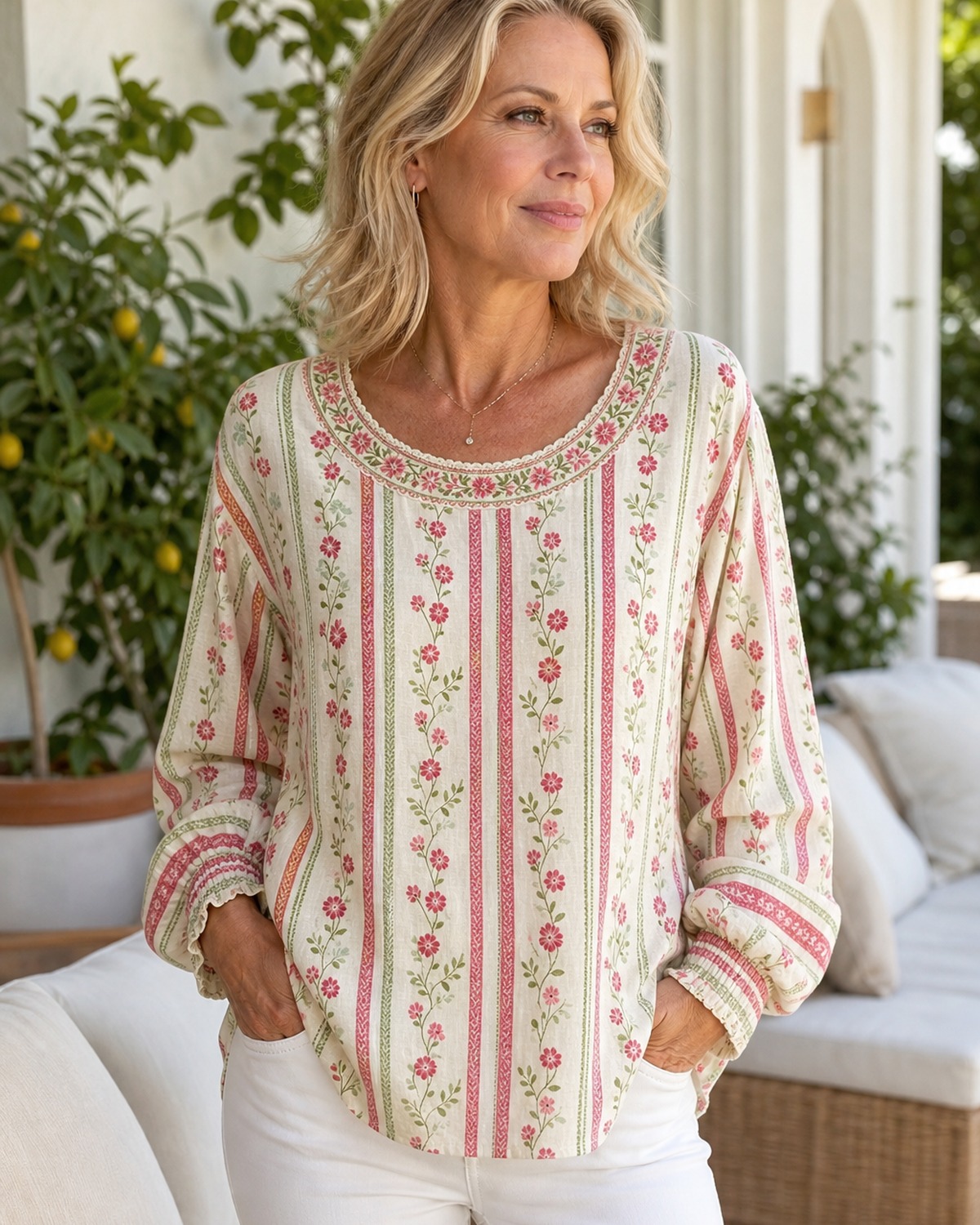 T2u0715002 mature model wearing floral boho tunic blouse