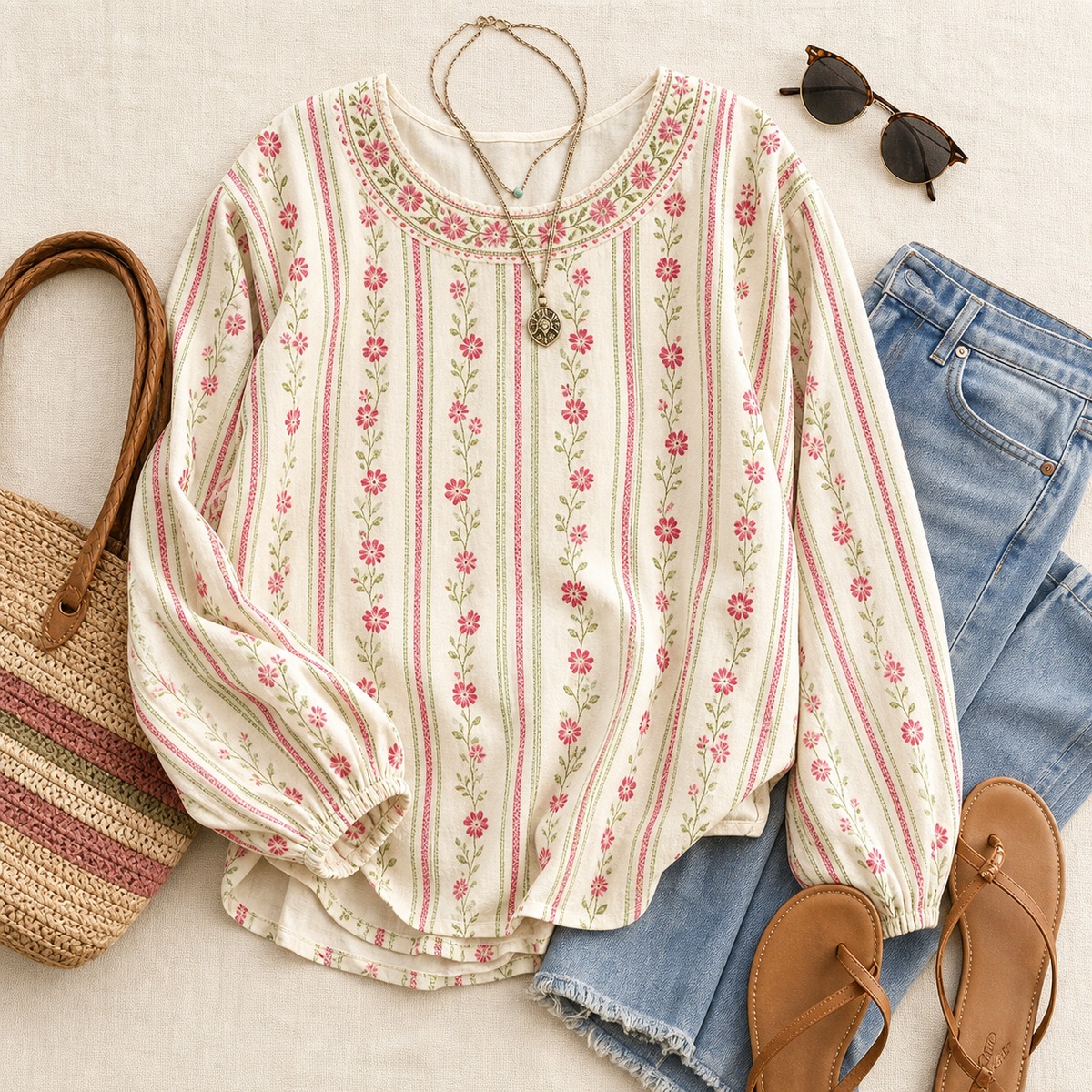 T2u0715002 outfit styling with jeans sandals and woven tote