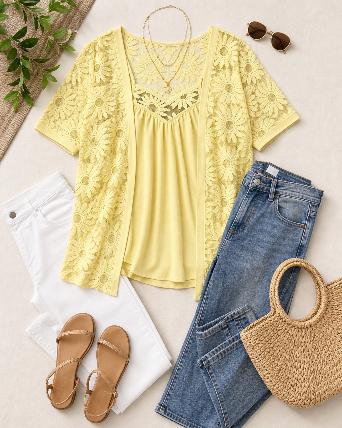 T2u0716001 outfit styling with white pants jeans sandals woven tote