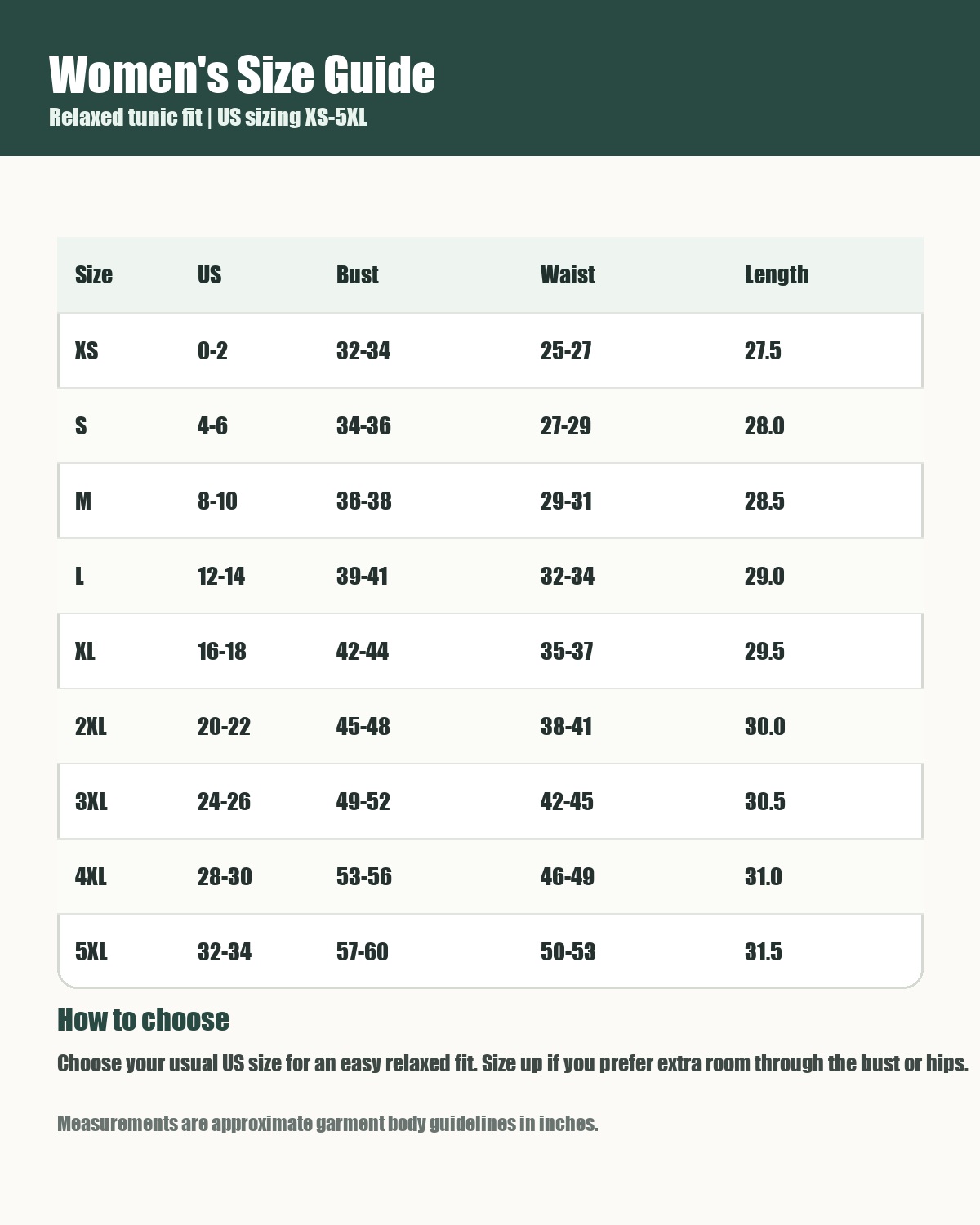 T2u0720001 women's XS to 5XL size guide