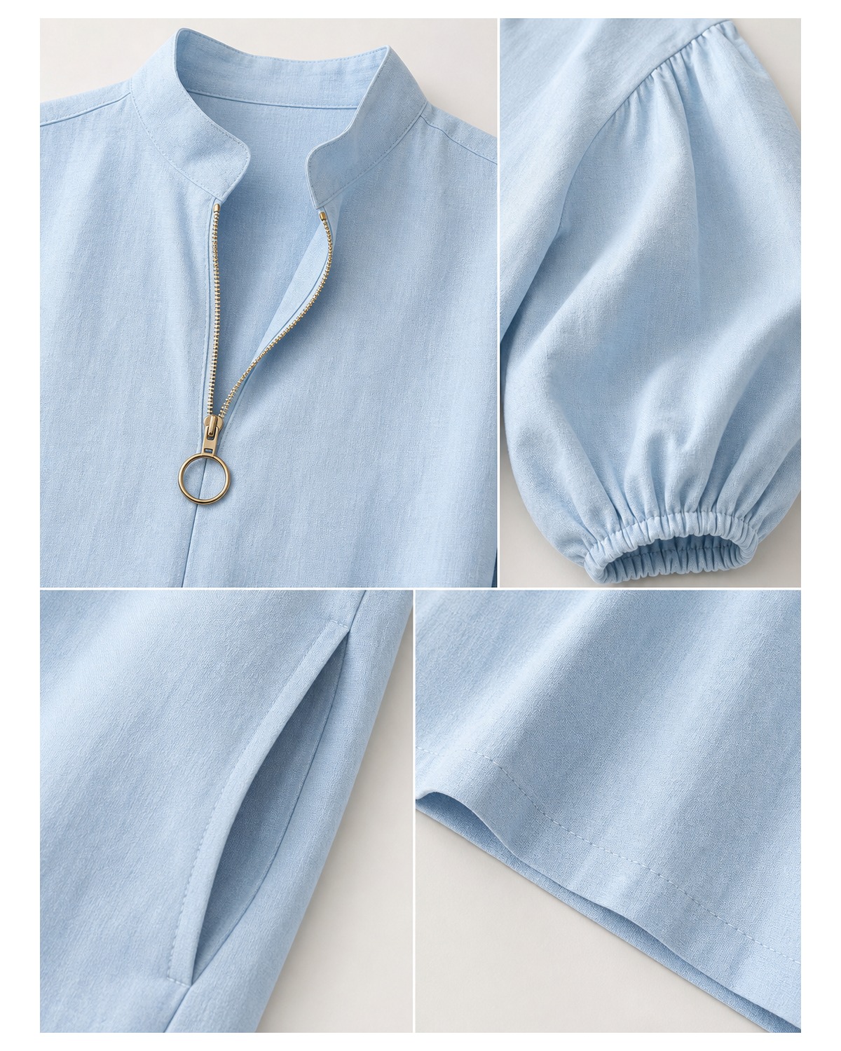 T2u0722002 stand collar zipper balloon sleeve fabric texture hem and pocket detail