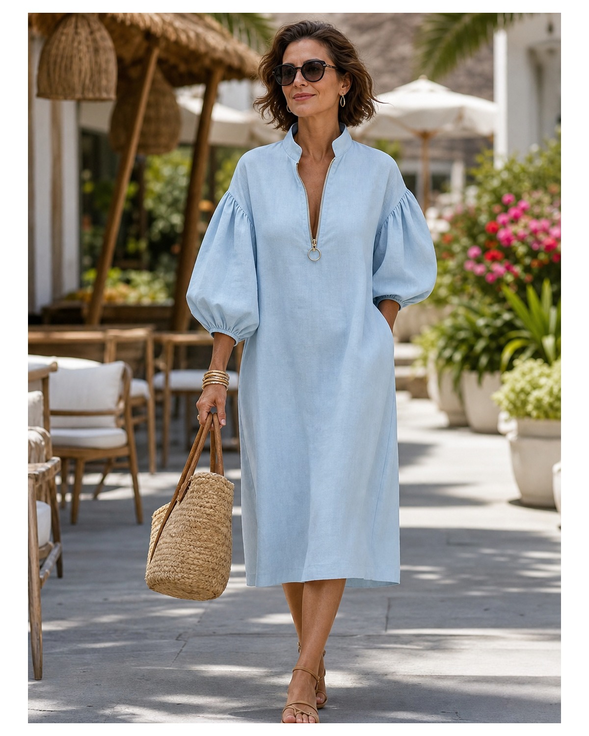 T2u0722002 resort walkway lifestyle wearing stand collar balloon sleeve dress