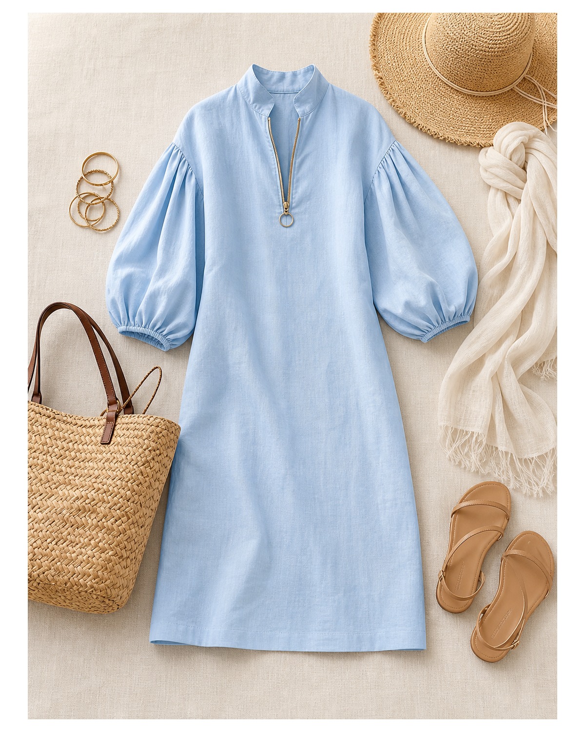 T2u0722002 outfit styling with sandals woven tote sun hat and light wrap