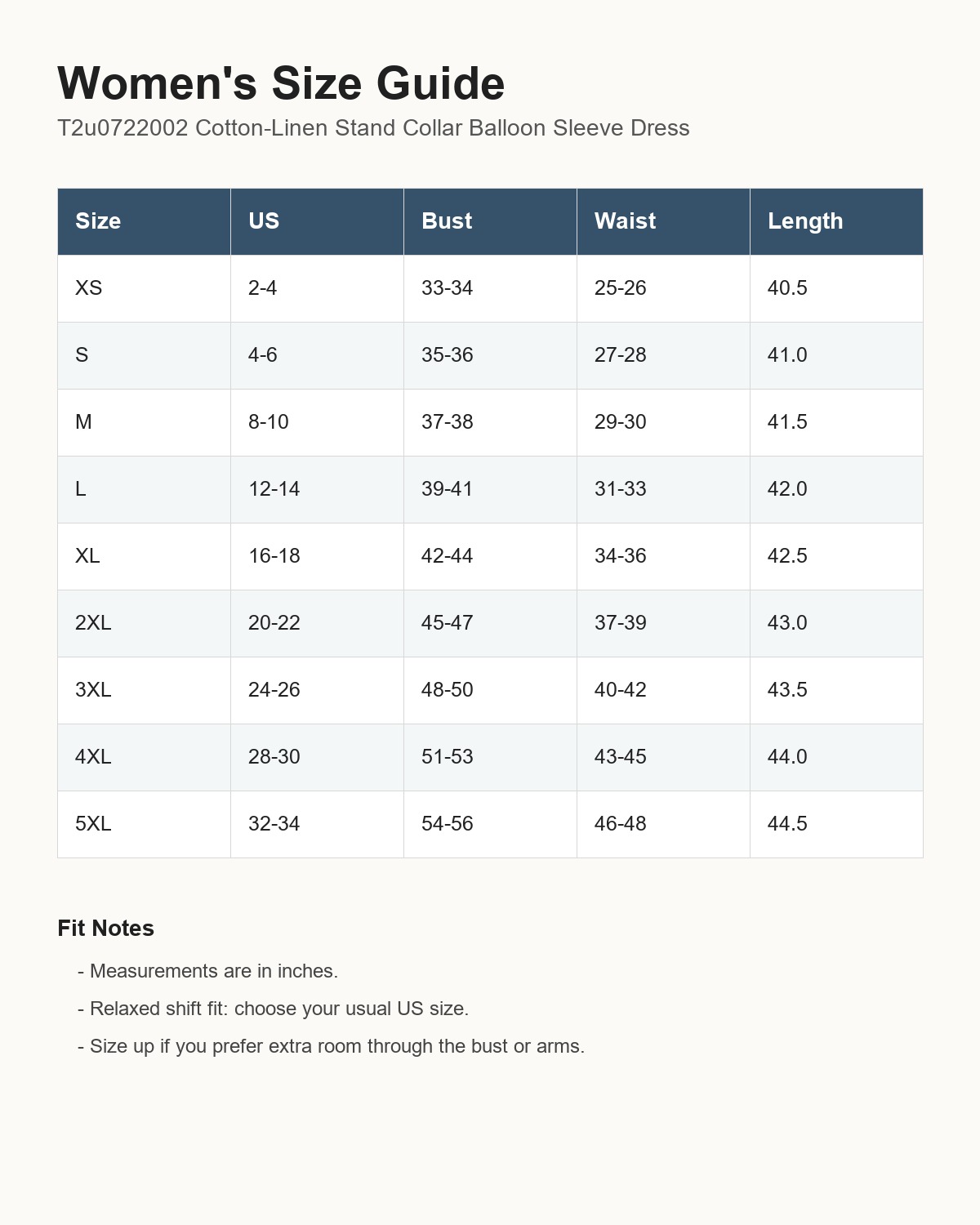 T2u0722002 women's XS to 5XL size guide