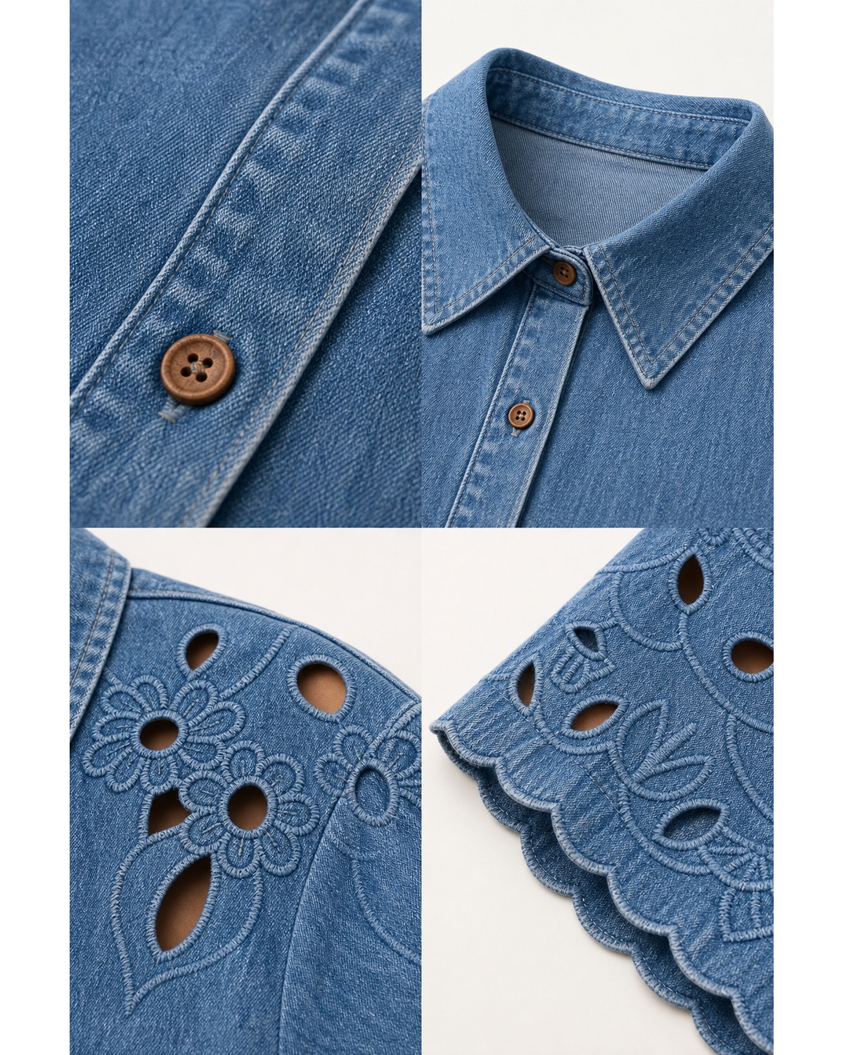 T2u0727001 washed texture collar buttons floral eyelet embroidery and scalloped sleeve detail