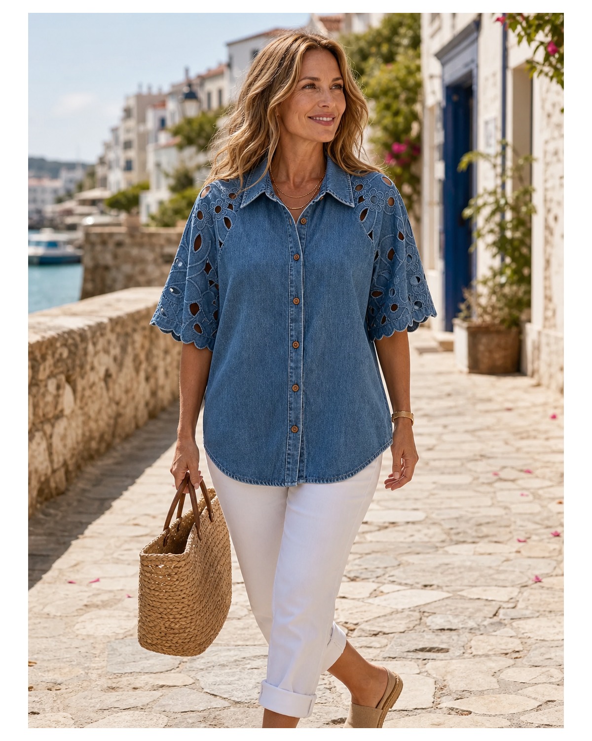 T2u0727001 coastal travel lifestyle wearing relaxed embroidered denim shirt