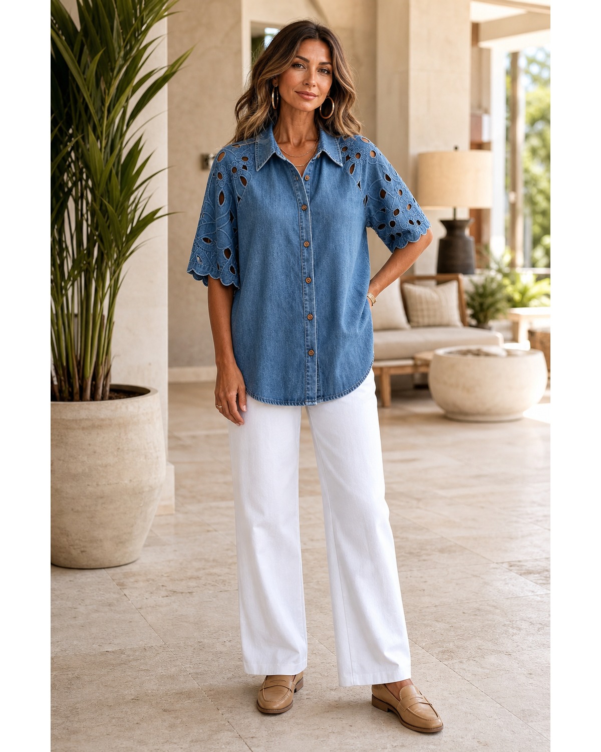 T2u0727001 mature woman wearing relaxed eyelet embroidered sleeve denim shirt