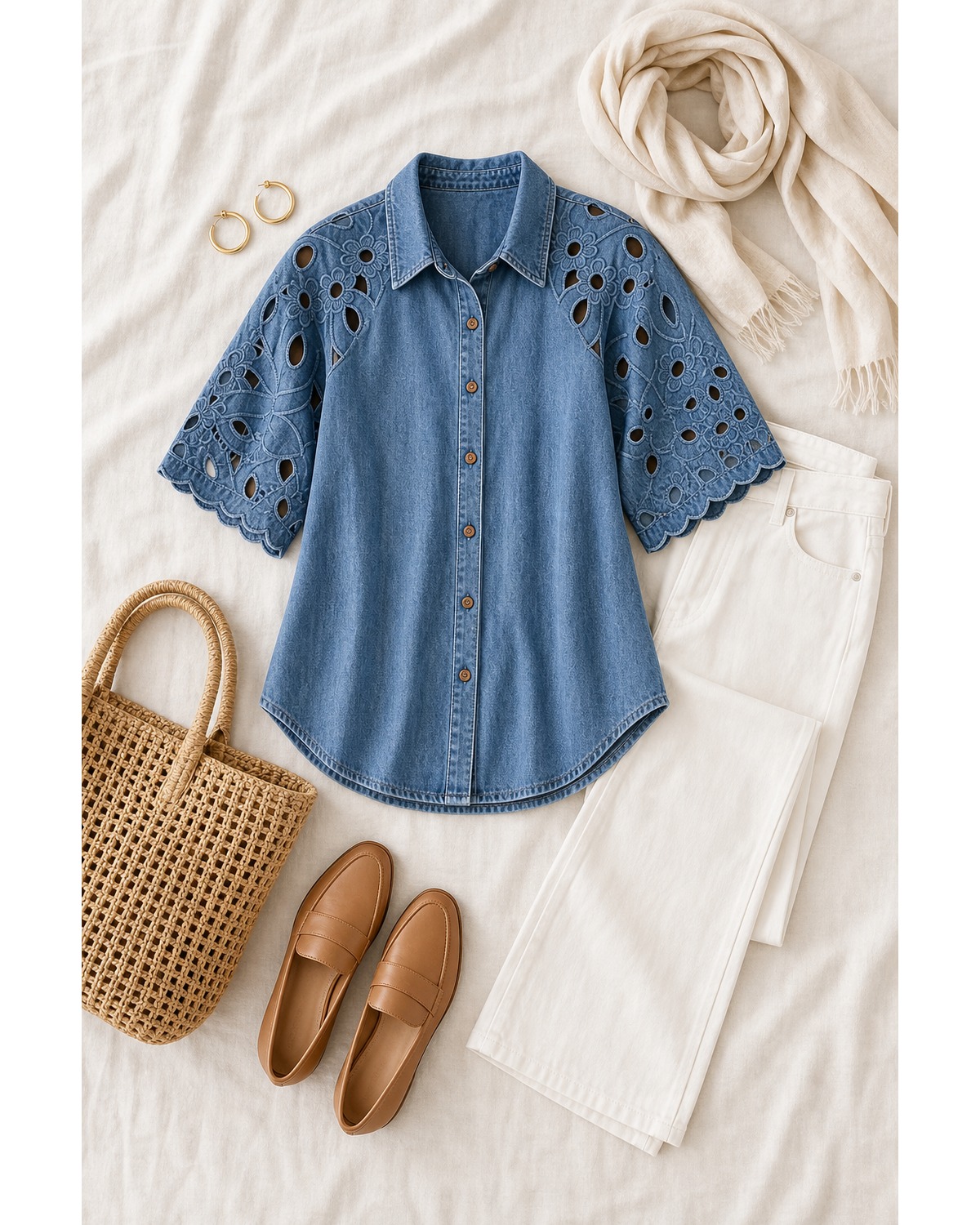 T2u0727001 outfit styling with white trousers tan loafers woven tote and scarf