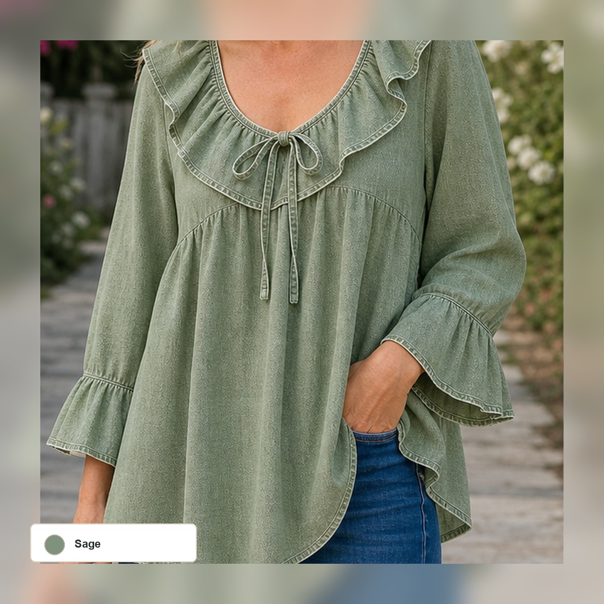 T3u0714001 Sage ruffle tie-front denim blouse