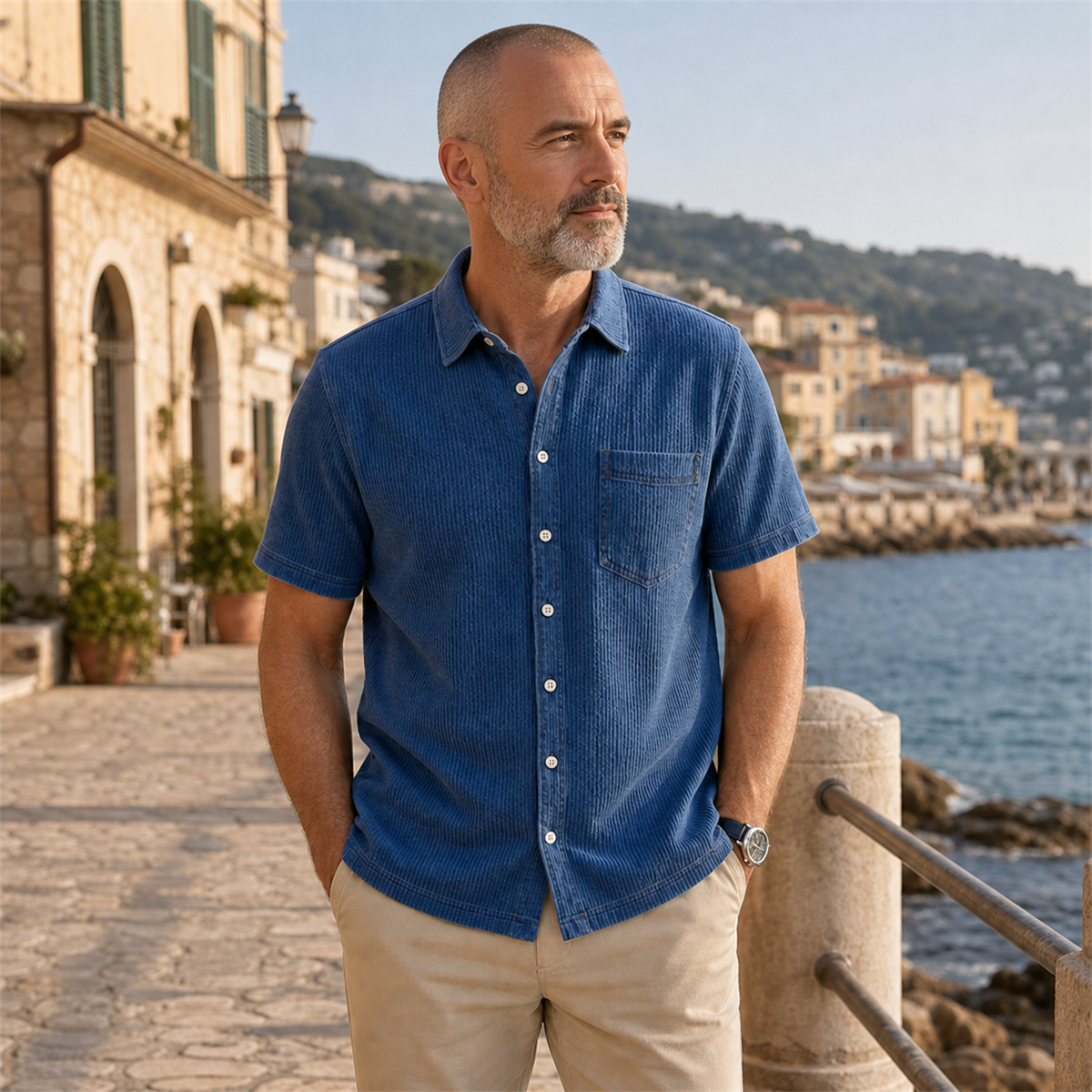 T3u0801002 deep blue men's short sleeve shirt on a coastal walk