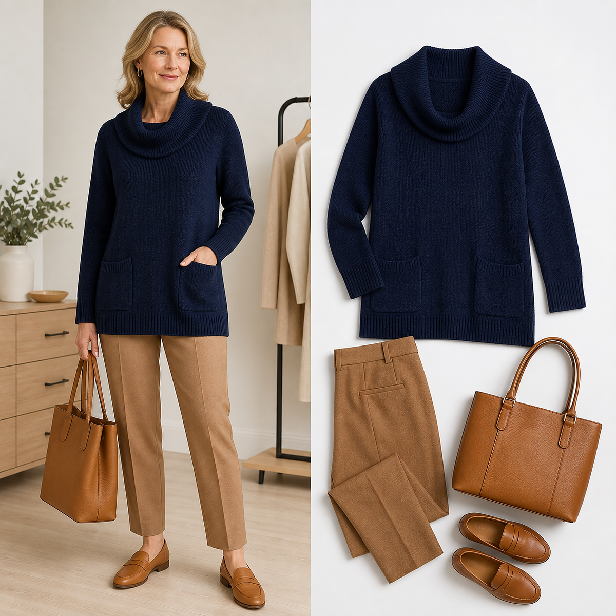 T3u0805005 navy cowl-neck tunic styled with camel trousers