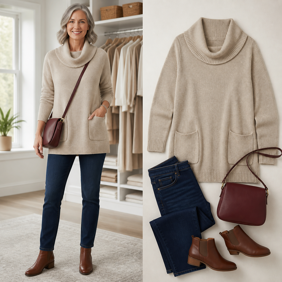 T3u0805005 oatmeal cowl-neck tunic styled with dark denim