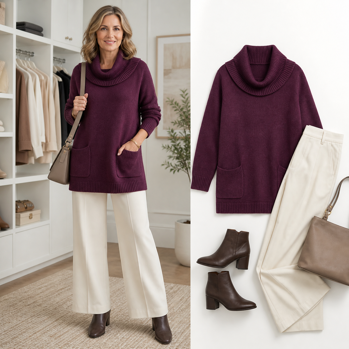 T3u0805005 plum cowl-neck tunic styled with cream trousers