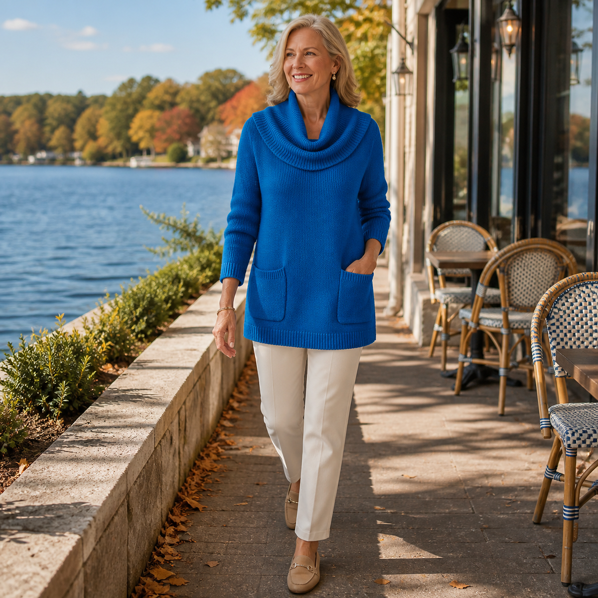 T3u0805005 woman wearing the cobalt blue cowl-neck tunic beside a lakeside cafe