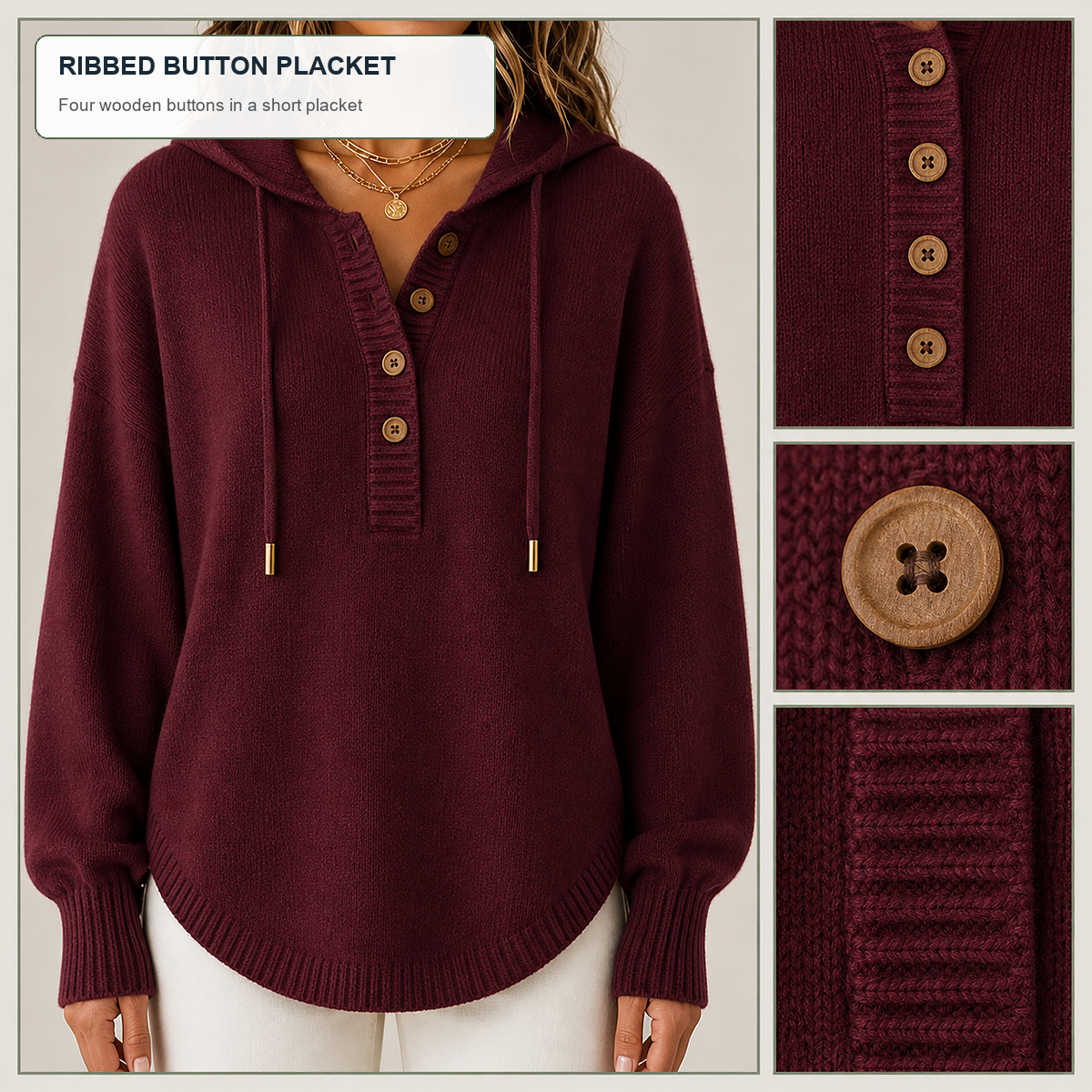 T3u0805006 short ribbed placket with four wooden buttons