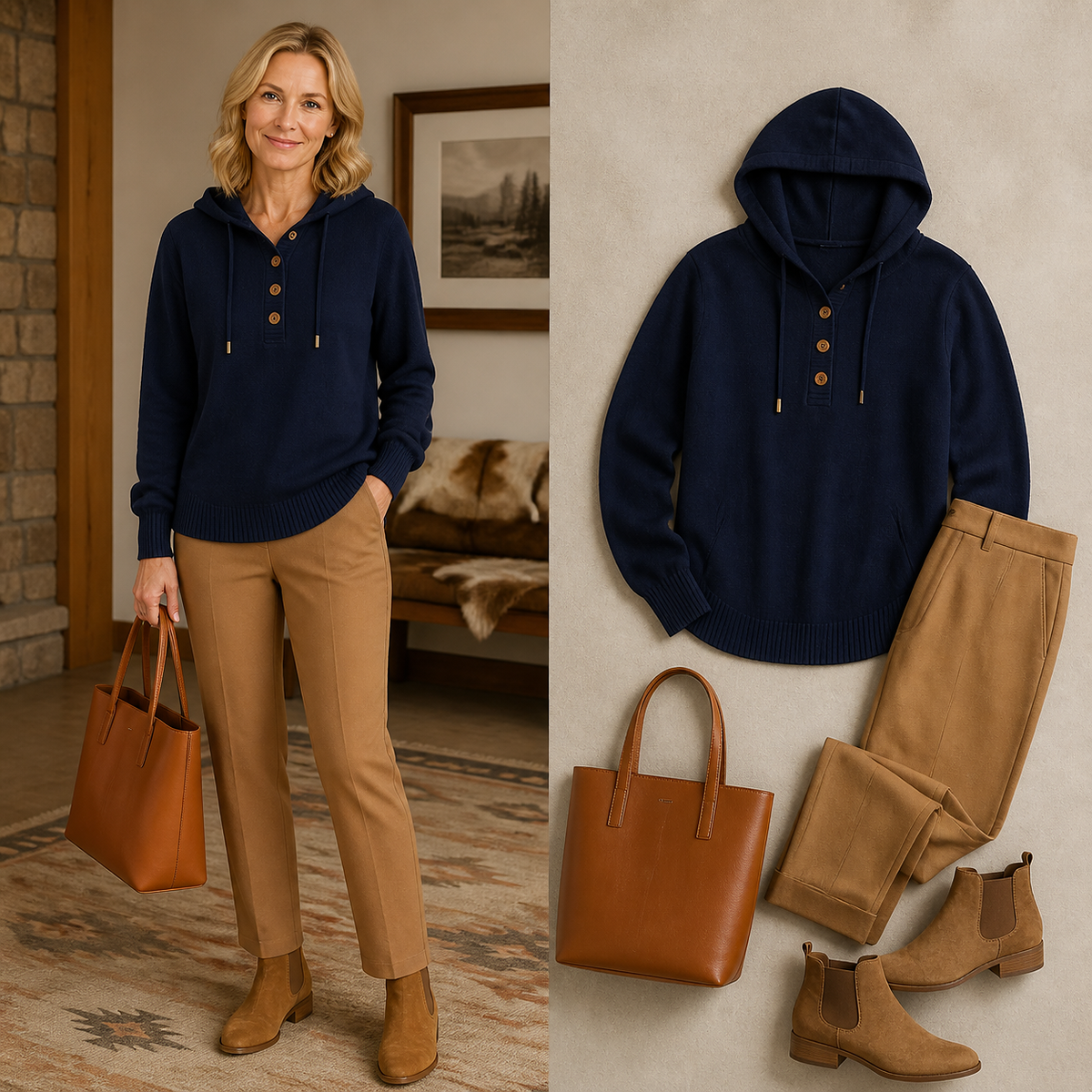 T3u0805006 navy knit hoodie styled with camel trousers
