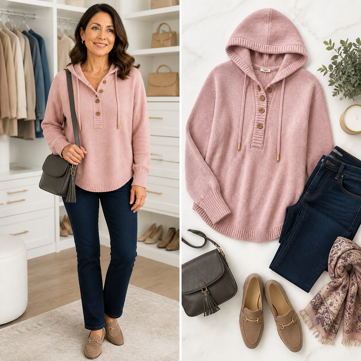 T3u0805006 dusty rose knit hoodie styled with dark denim
