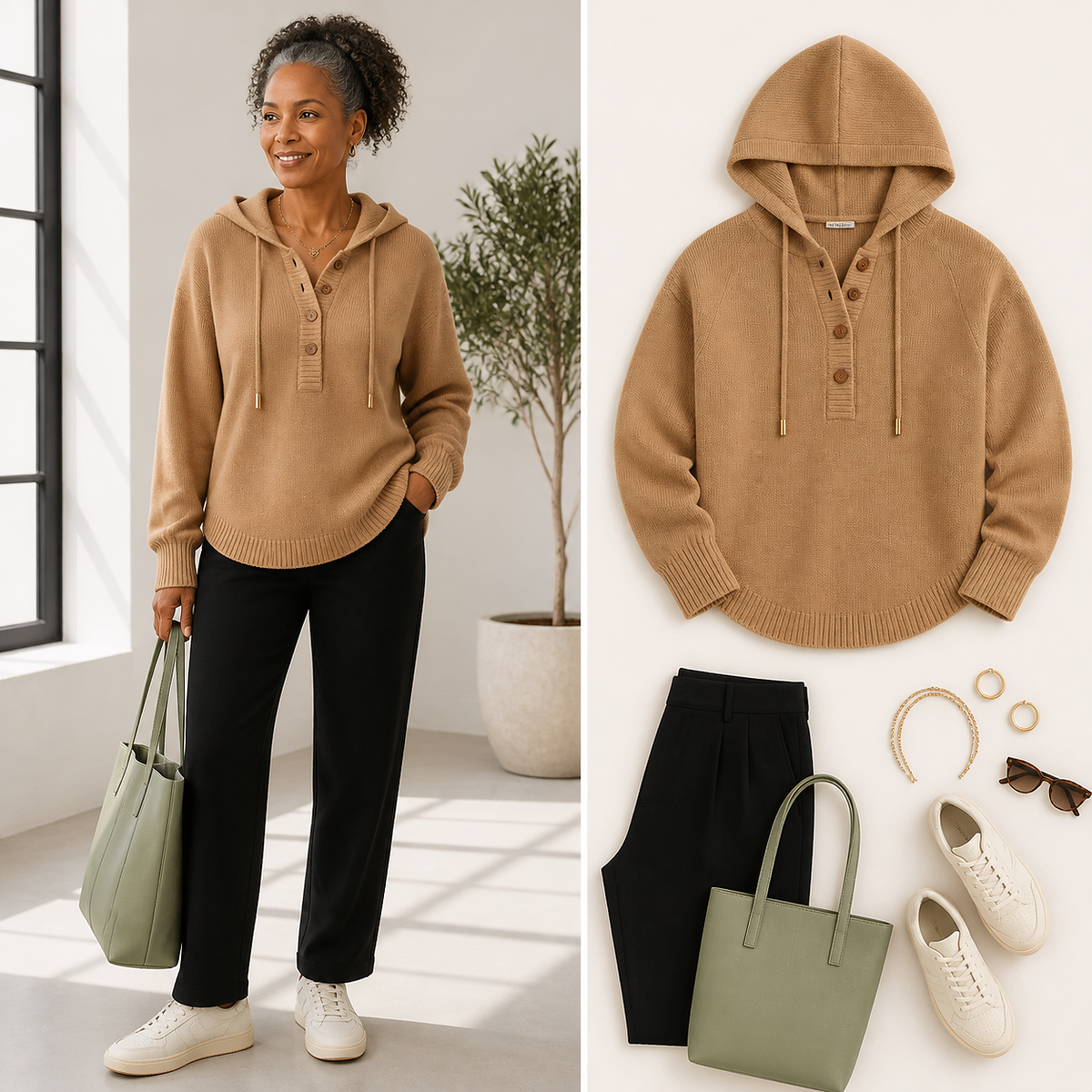 T3u0805006 camel knit hoodie styled with black trousers