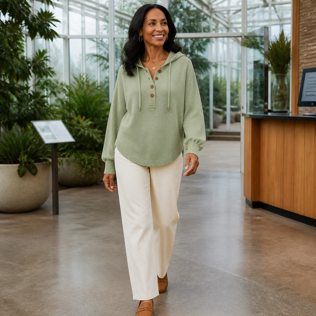 T3u0805006 woman wearing the sage button-placket knit hoodie in a lodge lounge