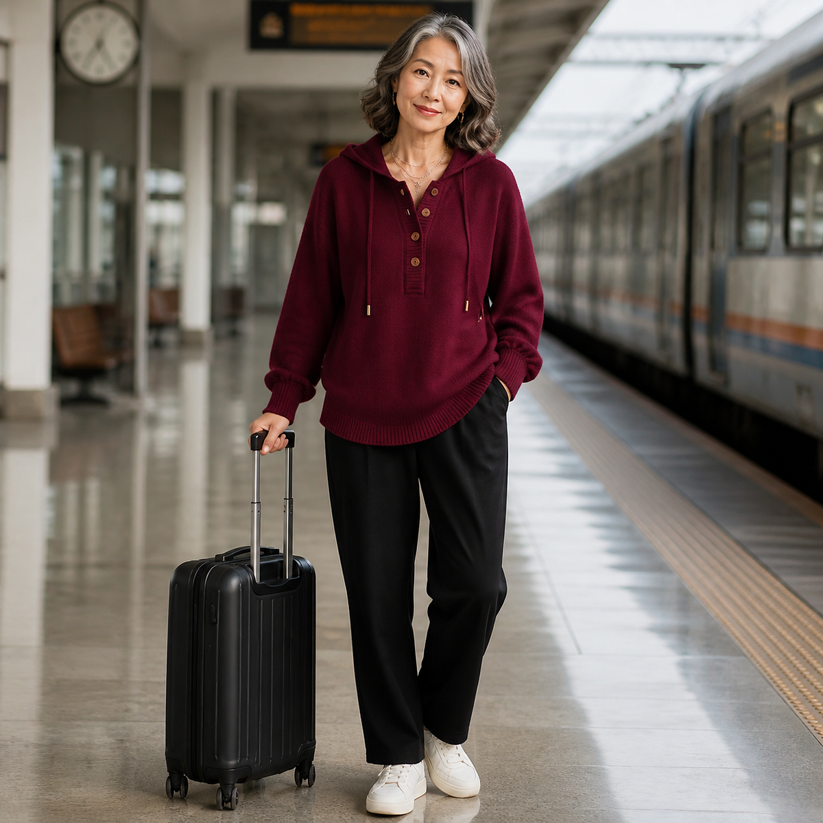 T3u0805006 woman wearing the burgundy button-placket knit hoodie at a train platform