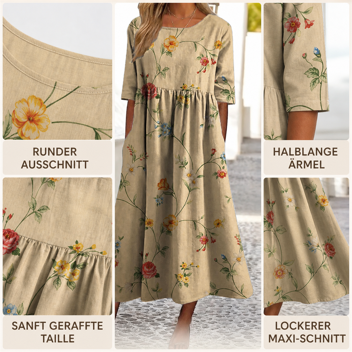 Deutsche Detailübersicht zu Ausschnitt Ärmeln Taille und Schnitt