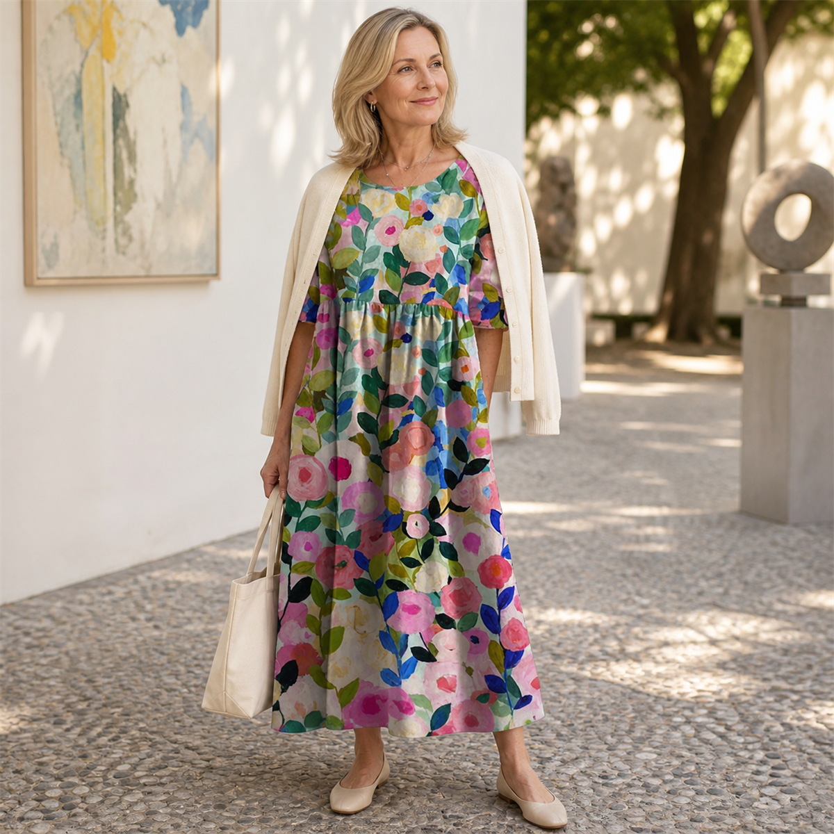Farbenfrohes Blumen-Maxikleid mit hellen Accessoires