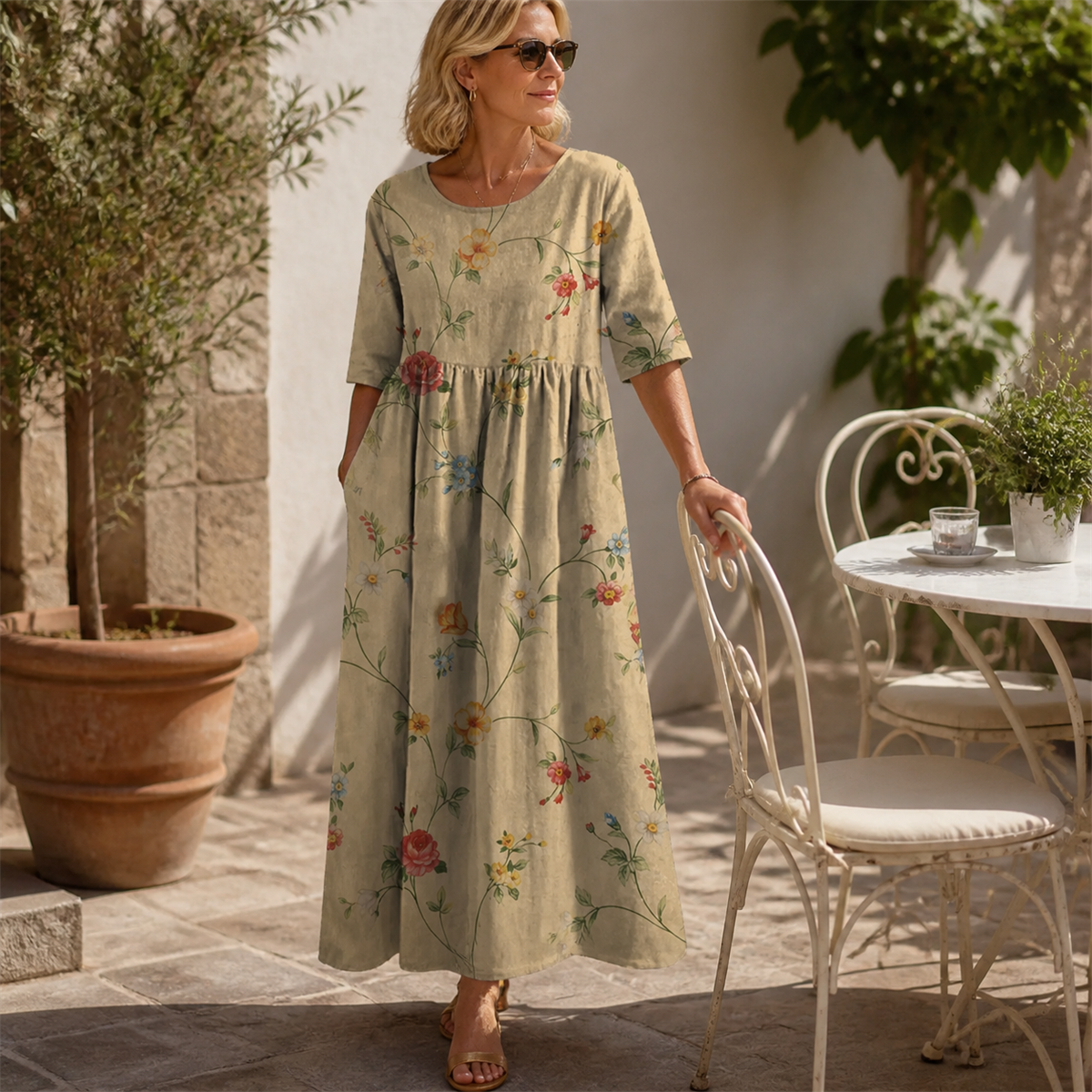 Beiges florales Maxikleid auf einer Caféterrasse