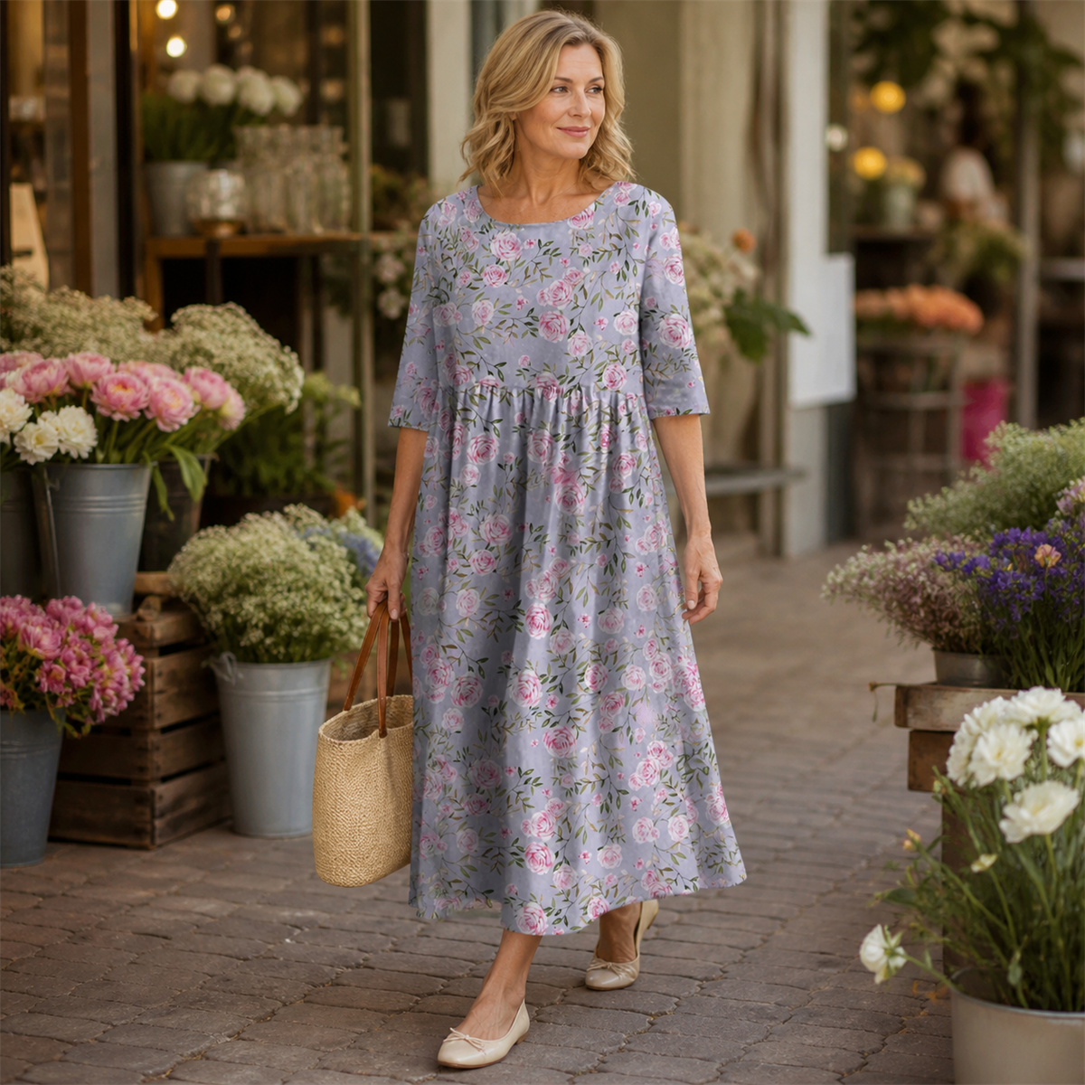 Graues Rosen-Maxikleid auf einem Blumenmarkt
